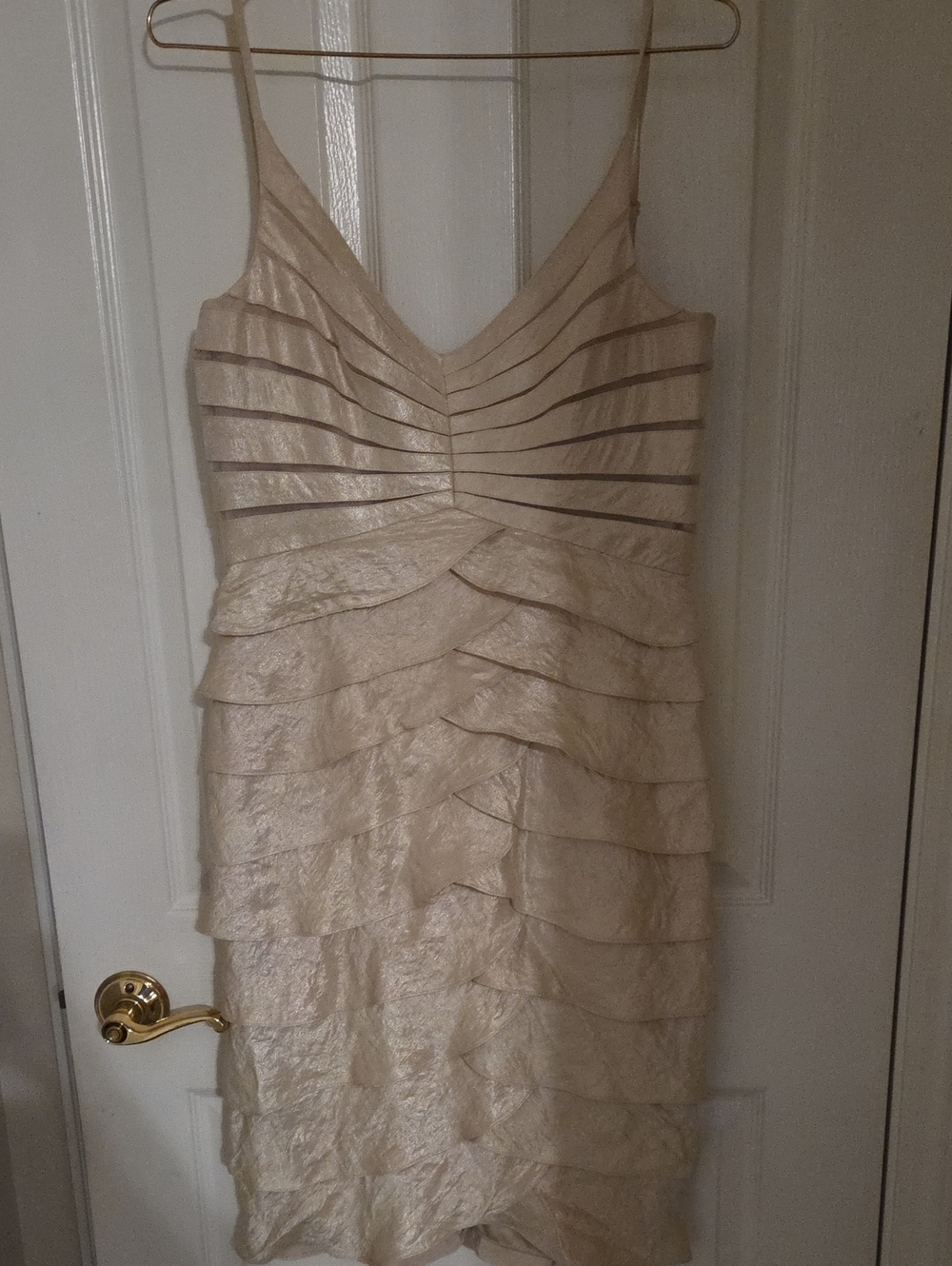 Adrianna Papell Champagne Layered Ruffle V-Neck Mini Dress